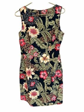 AGB Sleeveless Sheath Dress Bold Tropical Floral & Leopard Pattern Size 12